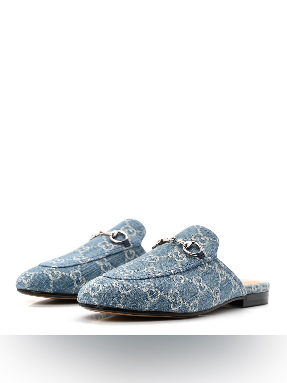 Gucci New Denim GG Malaga Kid Womens Princetown Slippers 37 Light Blue Royale